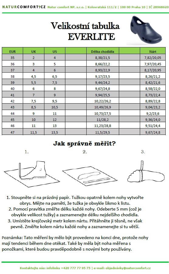 Tabulka velikostí EVERLITE
